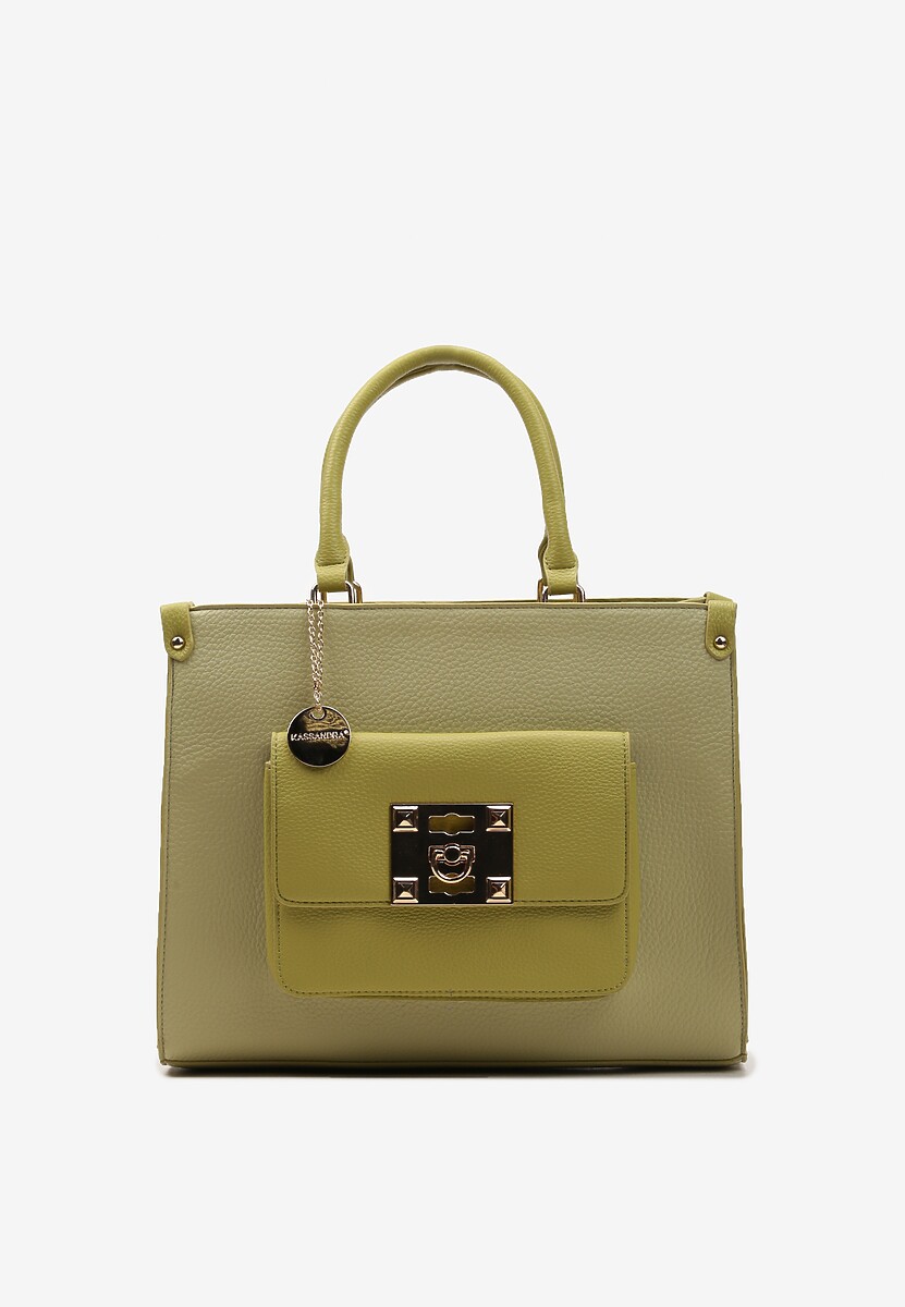 Zielona Torebka z Podwójną Rączką Naszytą Komorą i Metalowymi Detalami Htirma