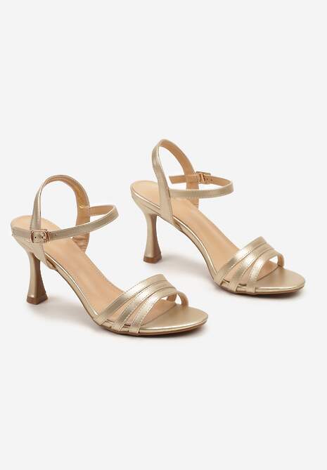 Złote Sandały z Ekoskóry na Szpilce Zapinane na Sprzączkę Ploemis