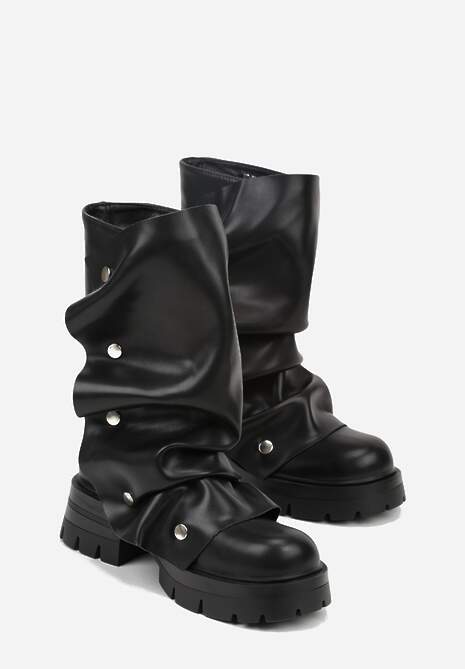 Czarne Marszczone Botki ze Zdobieniem na Napy Tusaera