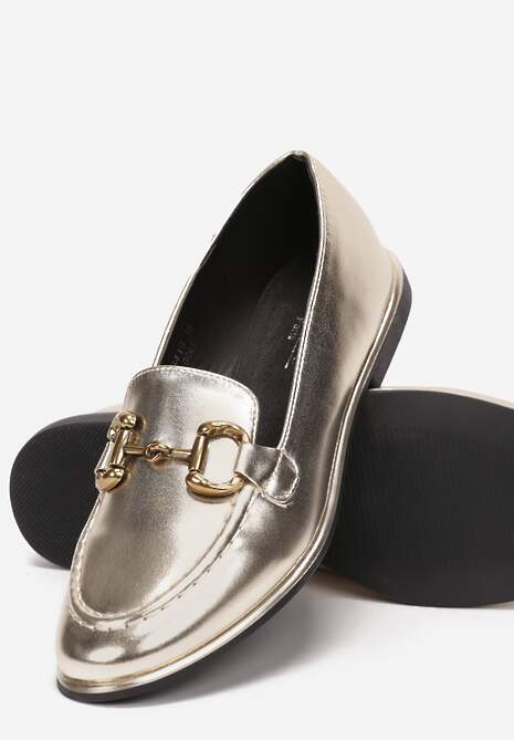 Złote Płaskie Mokasyny z Imitacji Skóry z Klamerką Marcoso