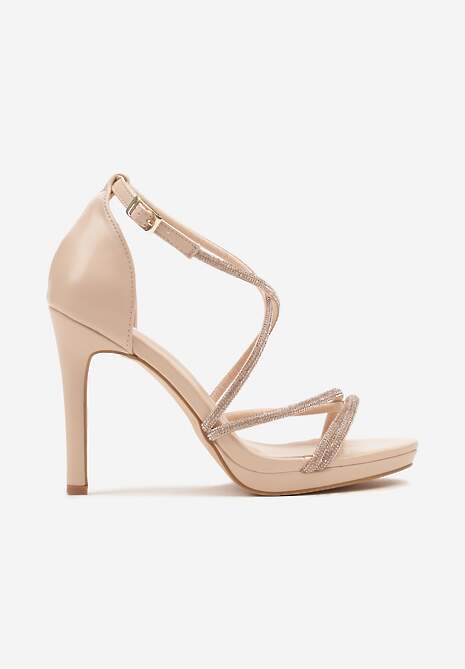 Beżowe Sandały Szpilki z Paseczkami Ozdobionymi Cyrkoniami Eladriela