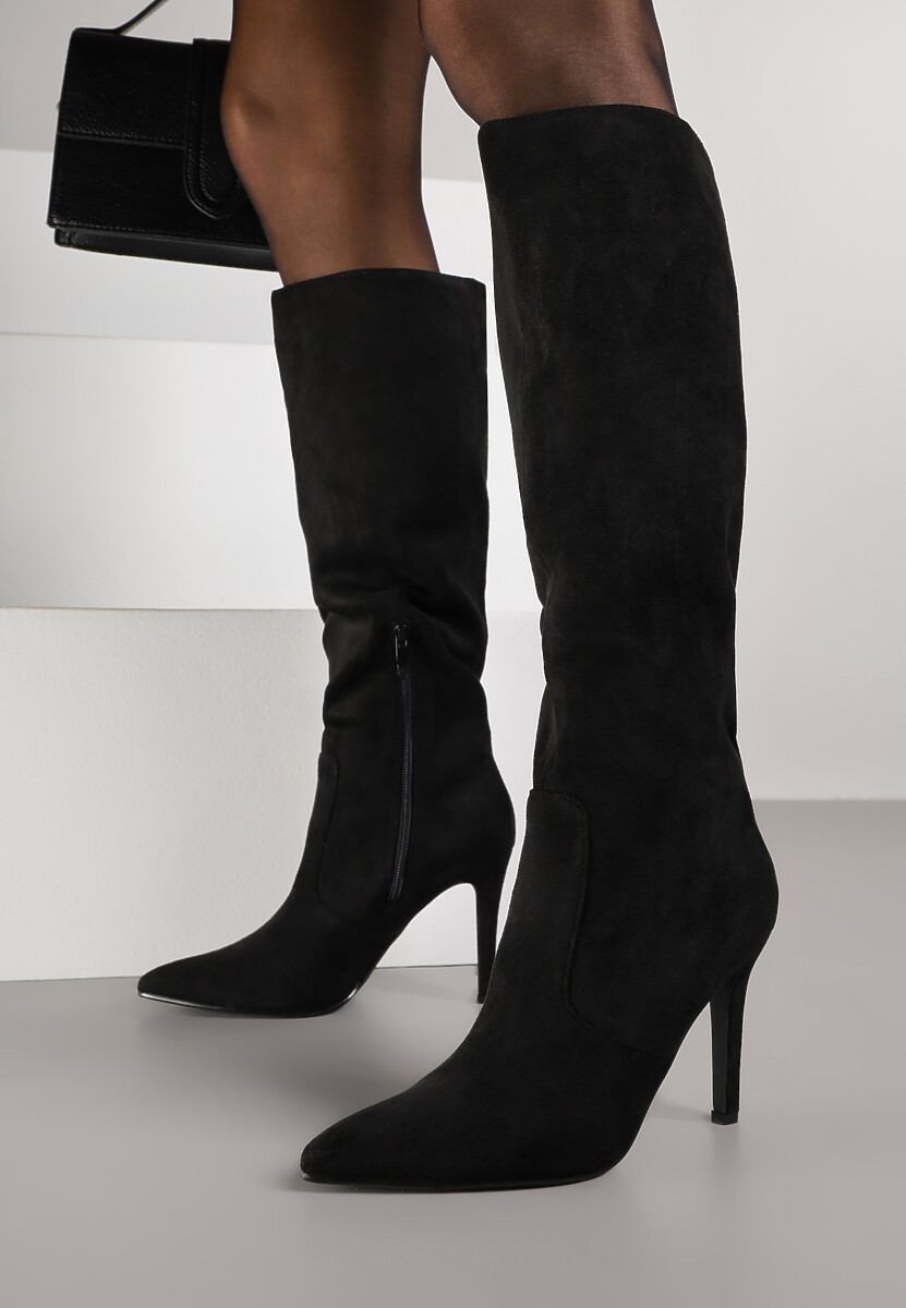 Czarne Kozaki przed Kolano na Szpilce z Noskiem w Szpic Modara