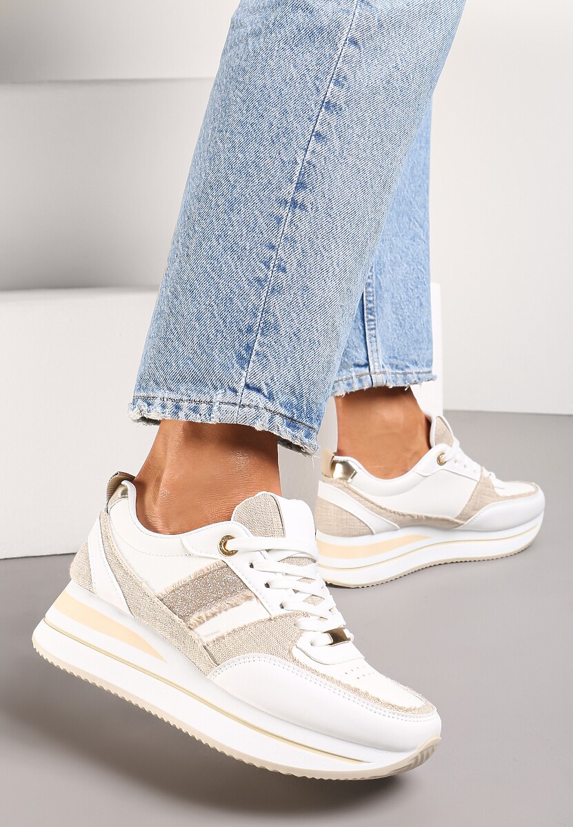 Biało-Srebrne Sneakersy z Ekoskóry z Ozdobnymi Wstawkami i Grubą Podeszwą Amifa