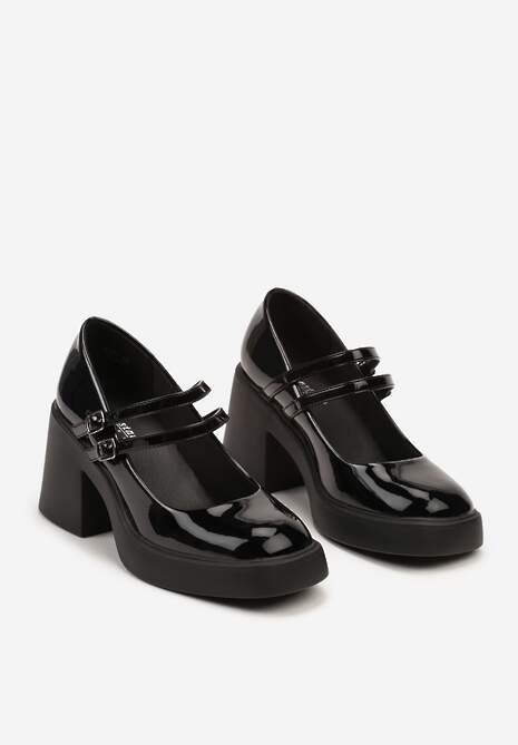 Czarne Czółenka Lakierowane na Słupku z Paskami Zakończonymi Sprzączkami Elizana