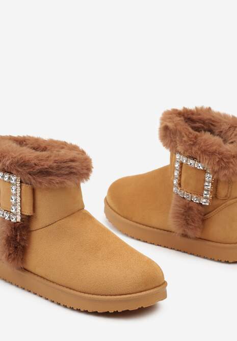 Brązowe Śniegowce  na Płaskiej Podeszwie z Futerkiem i Klamrą z Cyrkoniami Liliara