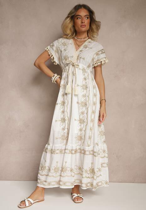 Biała Rozkloszowana Sukienka Boho z Bawełny z Chwostami Haftami i Metaliczną Nicią Divirna