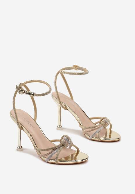 Złote Lakierowane Sandały Vices na Szpilce z Cyrkoniami na Paskach Vanarila
