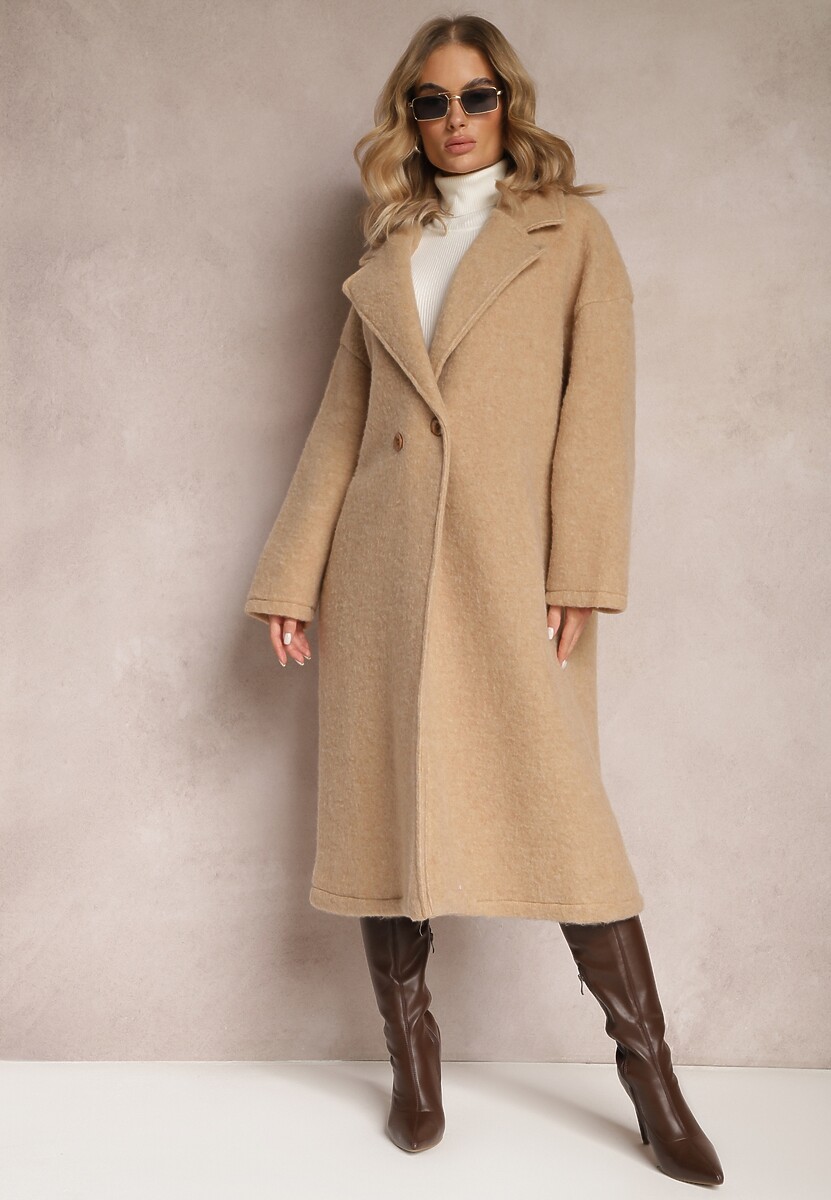 Beżowy Długi Płaszcz Jednorzędowy o Kroju Oversize Vlekoma