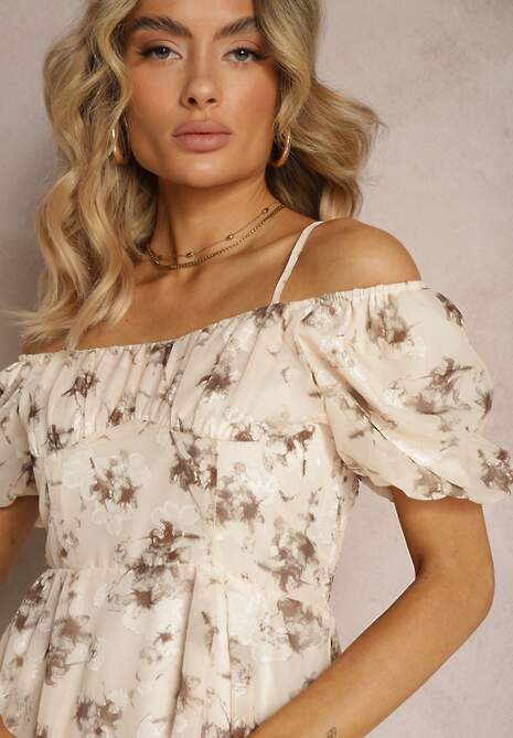 Beżowa Sukienka w Kwiecisty Wzór z Bufkami w Ramionach i Hiszpańskim Dekoltem Nibbia