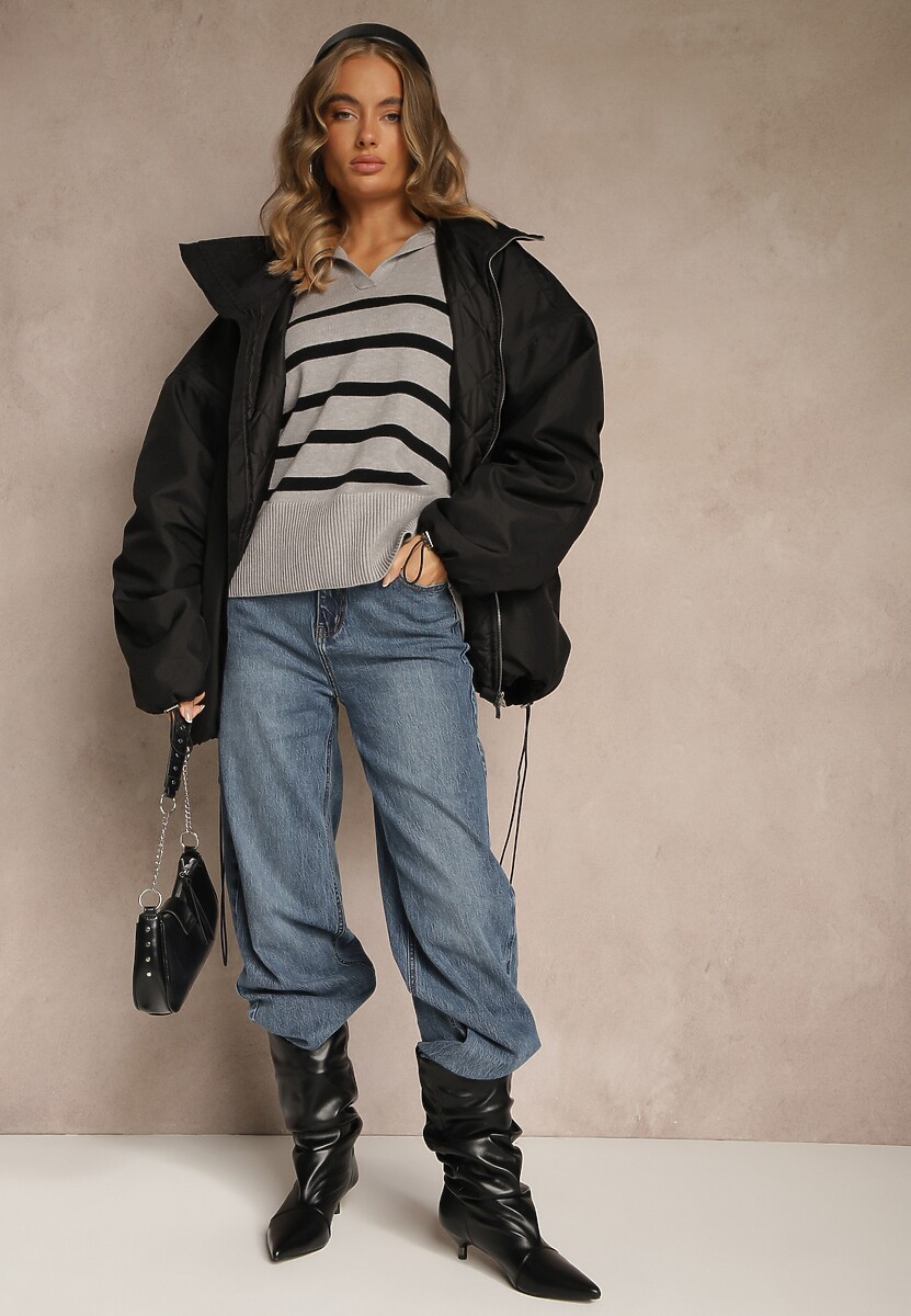 Czarno-Szary Sweter w Paski z Dekoltem w Serek z Kołnierzykiem Ralinavia