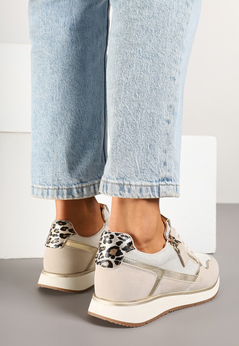 Beżowe Sneakersy Ozdobione Suwakiem i Metalicznymi Wstawkami Alua