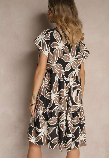 Czarna Rozkloszowana Sukienka z Lnem Zdobiona Wiązaniem z Frędzlami Fevienne