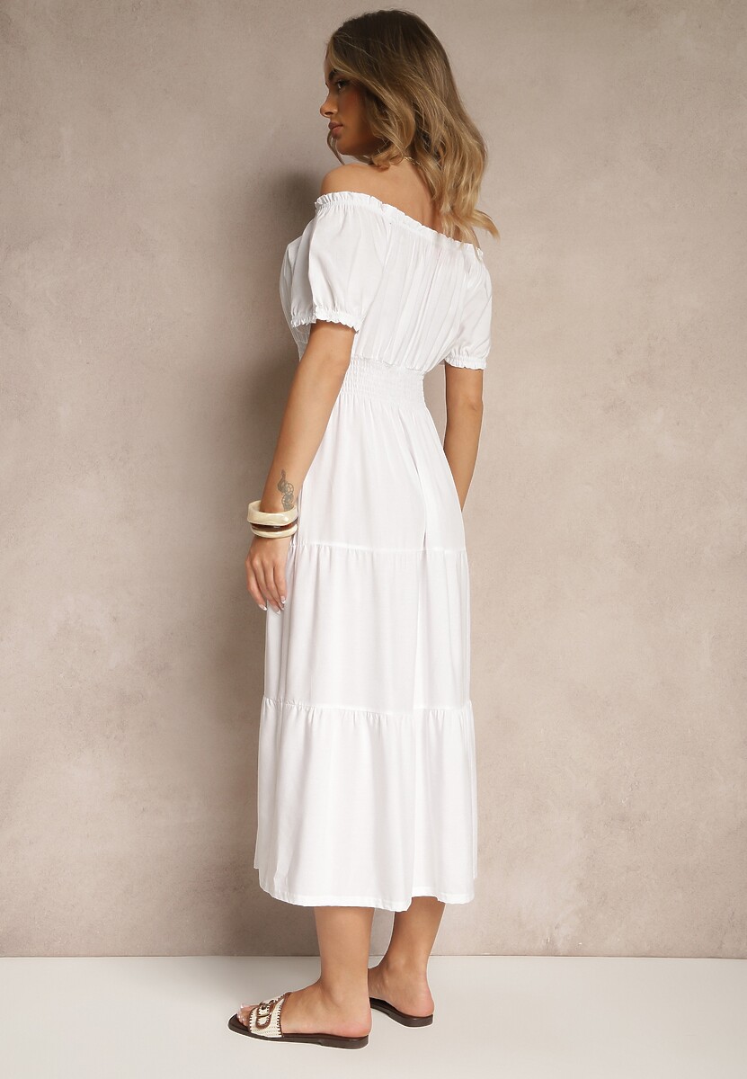 Biała Rozkloszowana Sukienka z Gumką w Talii i Dekoltem w Kształcie Łódki Miratela