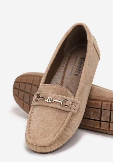 Ciemnobeżowe Mokasyny z Cholewką przed Kostkę z Przeszyciami i Ozdobnym Paskiem Alydora