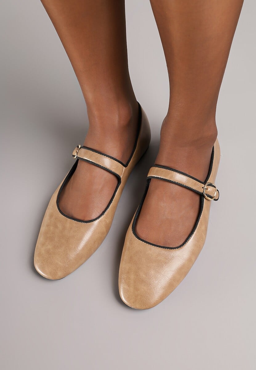 Ciemnobeżowe Balerinki Vices z Wkładką ze Skóry Naturalnej Ozdobione Paskiem Patantie