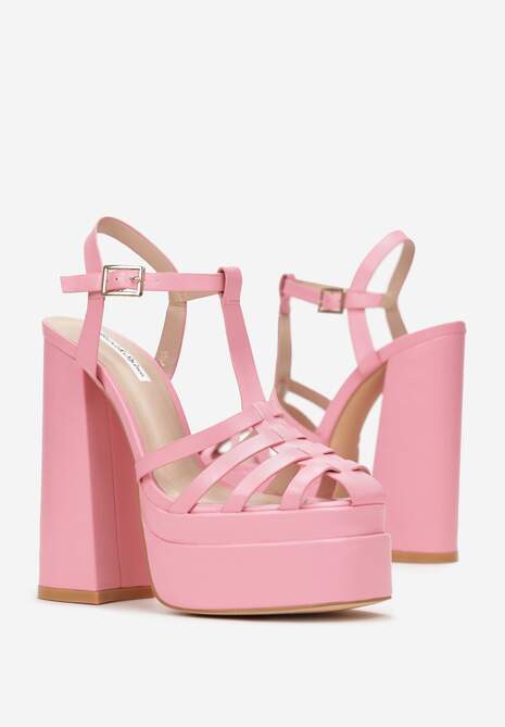 Różowe Sandały na Wysokim Słupku i Platformie z Kwadratowym Noskiem i Sprzączką Lakota