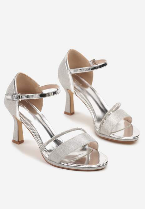 Srebrne Sandały na Szpilce Vices Ozdobione Cyrkoniami i Brokatem Lenallis