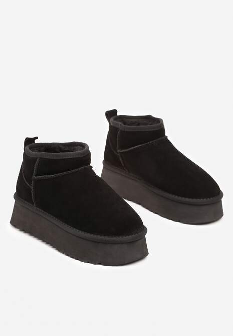 Czarne Śniegowce ze Skóry Naturalnej na Grubej Podeszwie Ocieplane Futerkiem Evorira