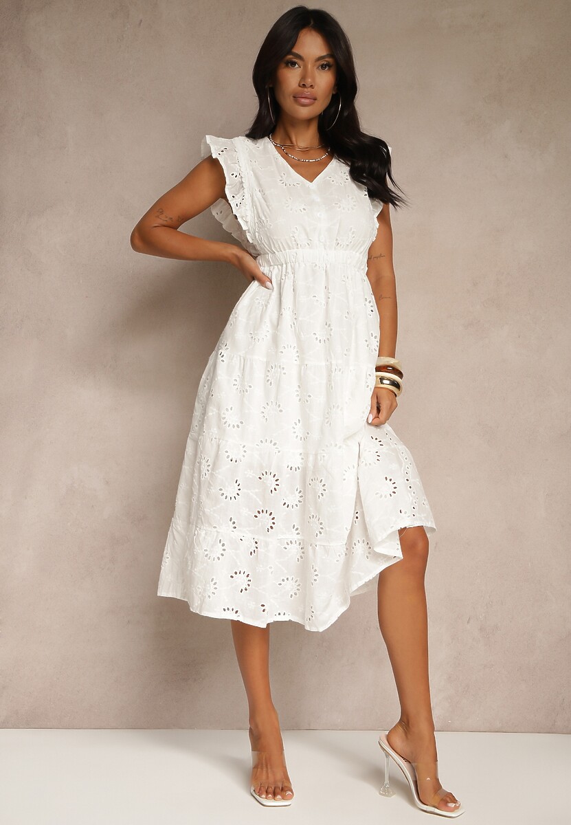 Biała Rozkloszowana Sukienka o Ażurowym Wykończeniu z Falbanką Melolia