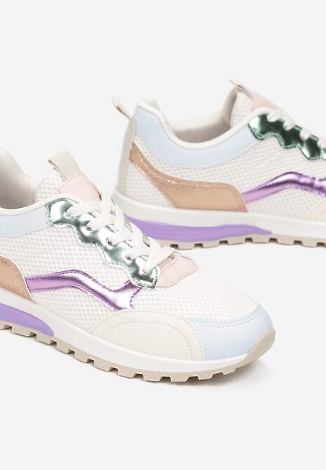 Beżowo-Fioletowe Sneakersy Sznurowane przed Kostkę Taino