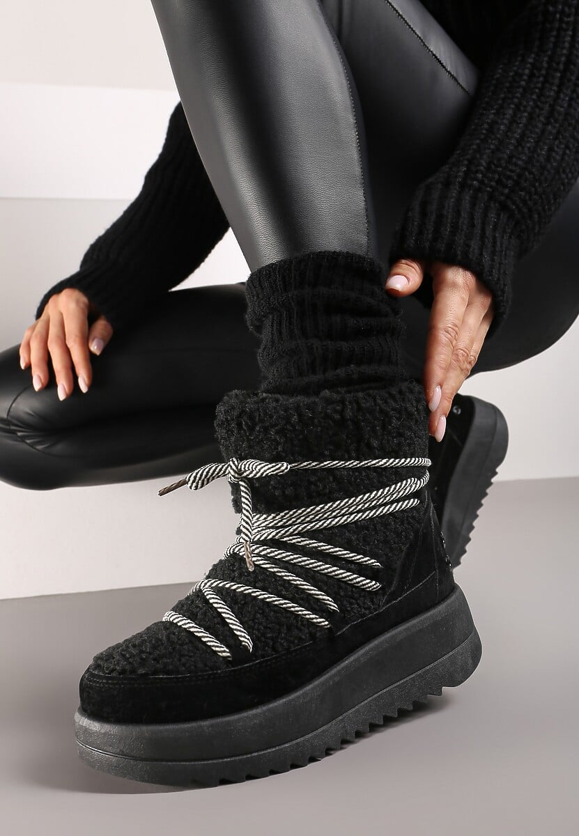 Czarne Niezapinane Śniegowce na Niskiej Platformie z Futerkiem i Sznurowaniem Avalisande