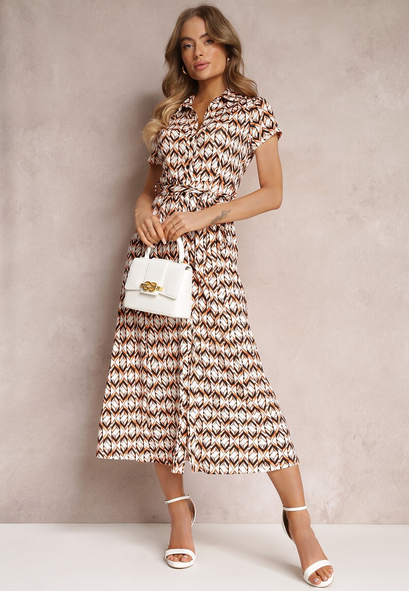 Beżowo-Bordowa Sukienka Mamci Koszulowa Wiązana w Pasie Maevana