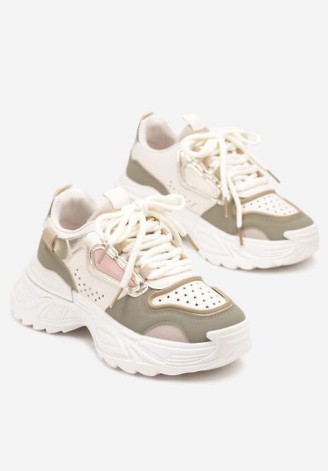 Beżowo-Zielone Sneakersy w Streetwearowym Stylu na Tłoczonej Podeszwie Nelasea