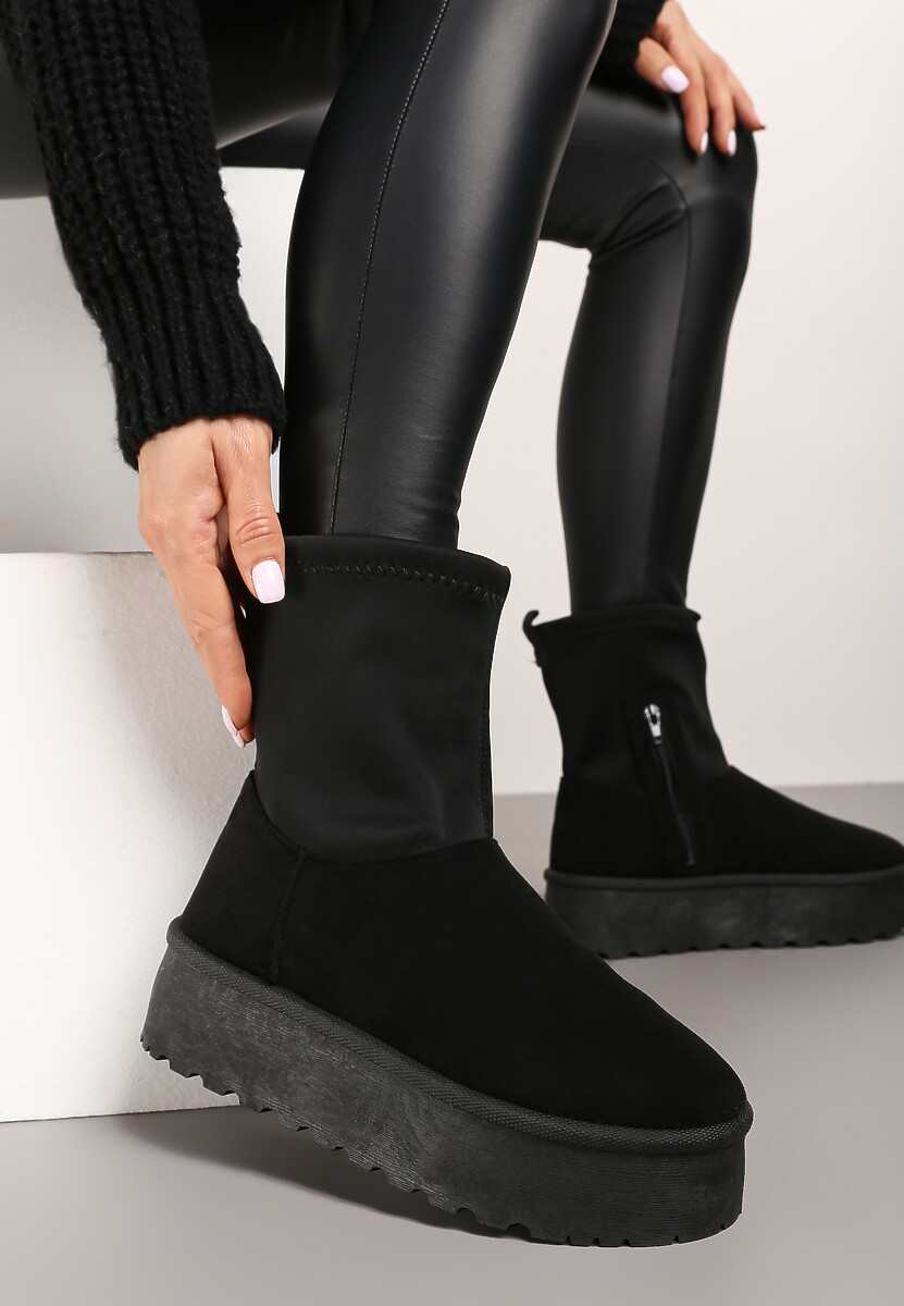 Czarne Śniegowce na Platformie z Elastyczną Cholewką Linnastra