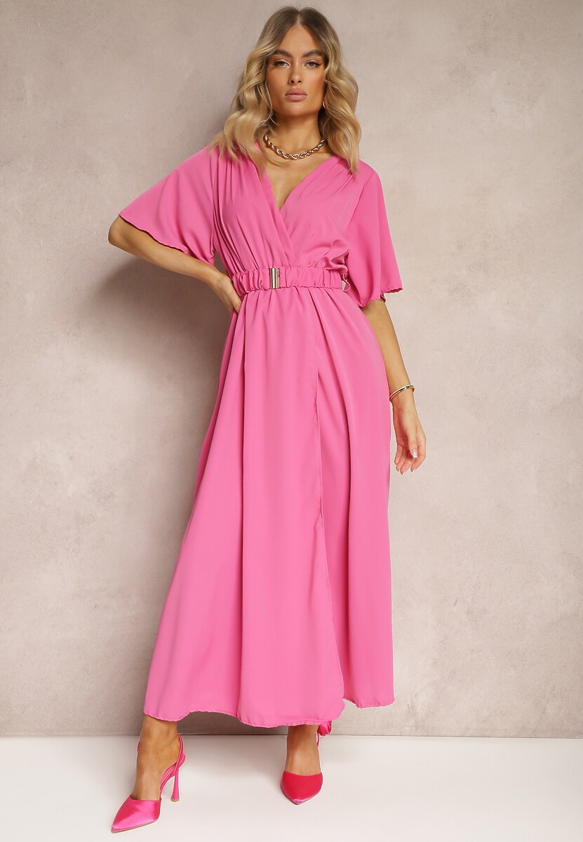 Różowa Kopertowa Sukienka z Gumką w Talii i Paskiem Amperi