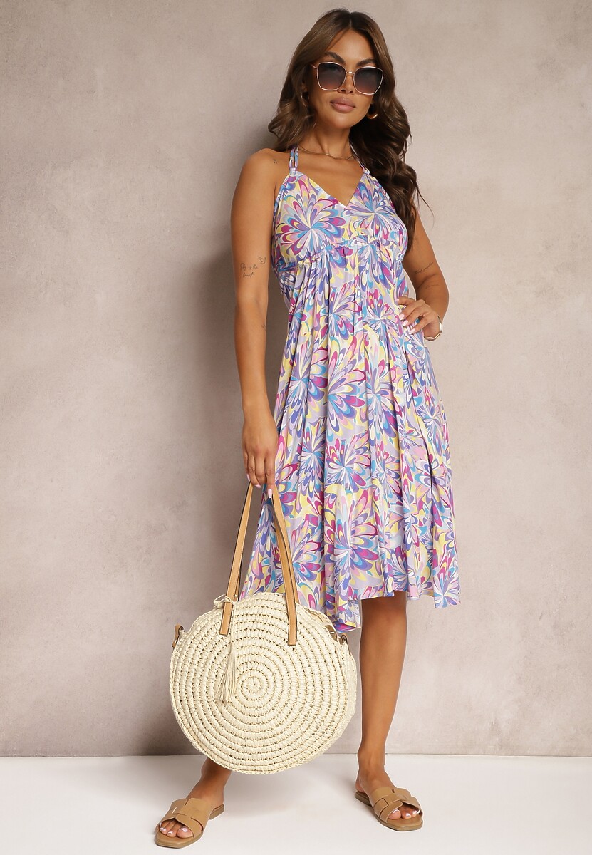 Niebieska Wiązana Sukienka z Bawełny o Rozkloszowanym Kroju Risaltis