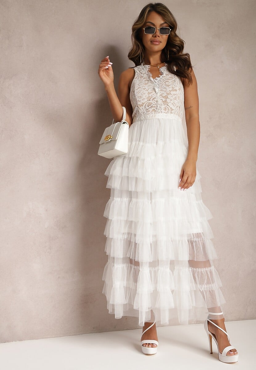 Biała Wieczorowa Sukienka Maxi Ozdobiona Koronką i Falbanami Fariel