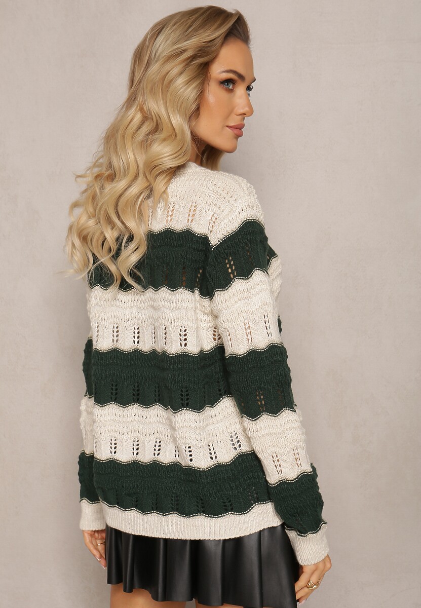 Beżowo-Zielony Sweter Ozdobiony Ażurowymi Wycięciami i Połyskującą Nitką Casiena