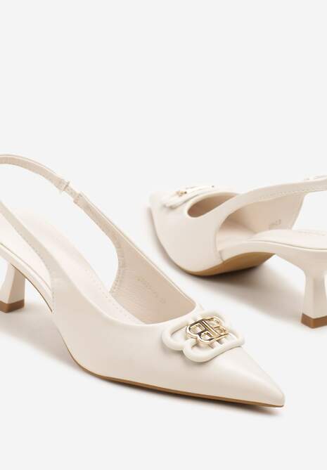 Beżowe Czółenka Sandały Vices na Kaczuszce Typu Slingback Ozdobione Metaliczną Aplikacją Lilarunea