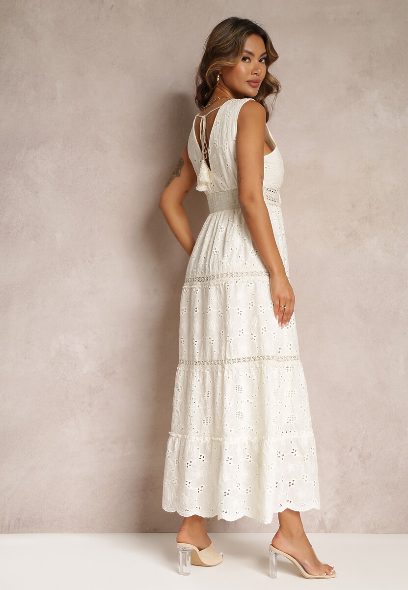 Beżowa Bawełniana Sukienka Maxi z Haftowanej Tkaniny Jive