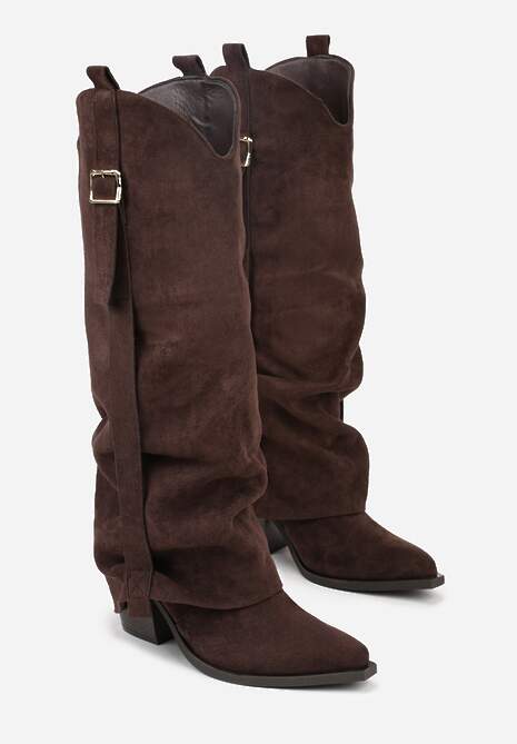 Ciemnobrązowe Kozaki na Stożku Typu Kowbojki Ozdobione Klamrą i Wywiniętą Cholewką Nalirella