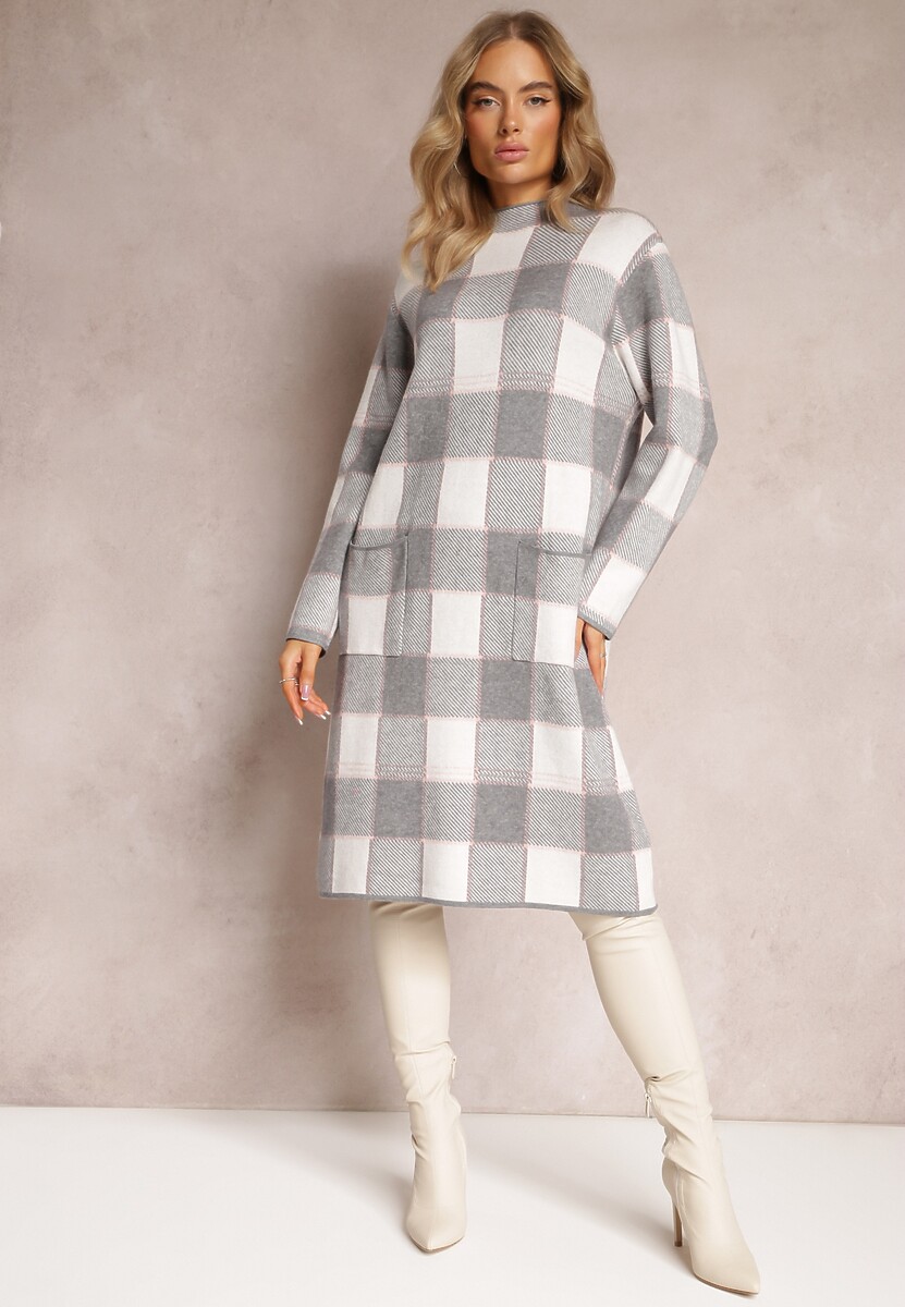 Szara Sukienka o Pudełkowym Fasonie z Sweterkowej Dzianiny w Kratkę Einestia