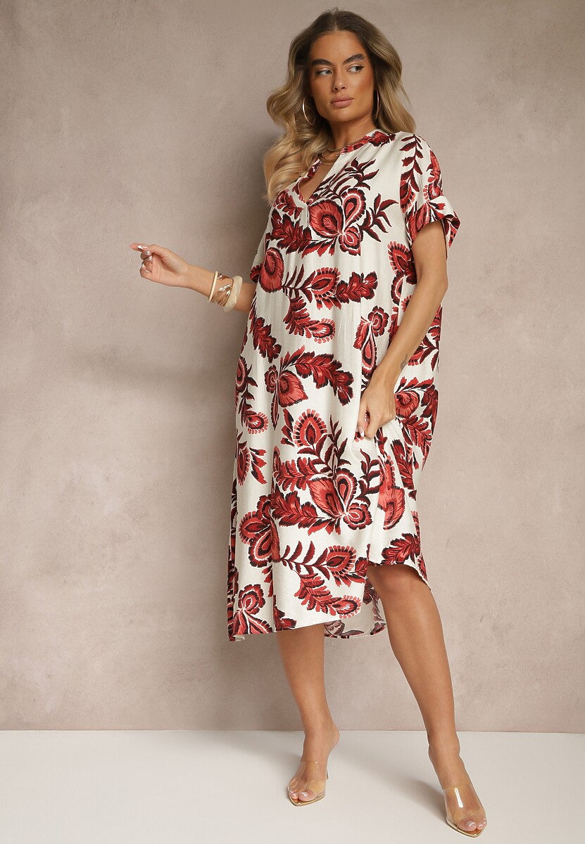 Bordowa Sukienka z Lnem i Wiskozą w Etniczne Kwiaty o Pudełkowym Kroju Natireia
