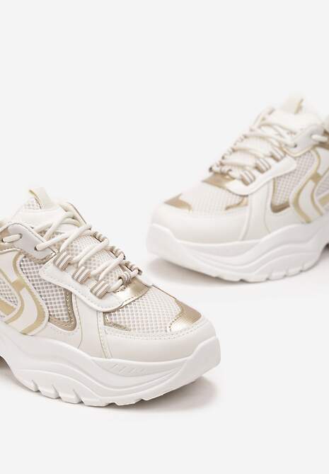 Beżowe Sneakersy z Przeszyciami i Wstawkami z Metalicznej Ekoskóry Tineal