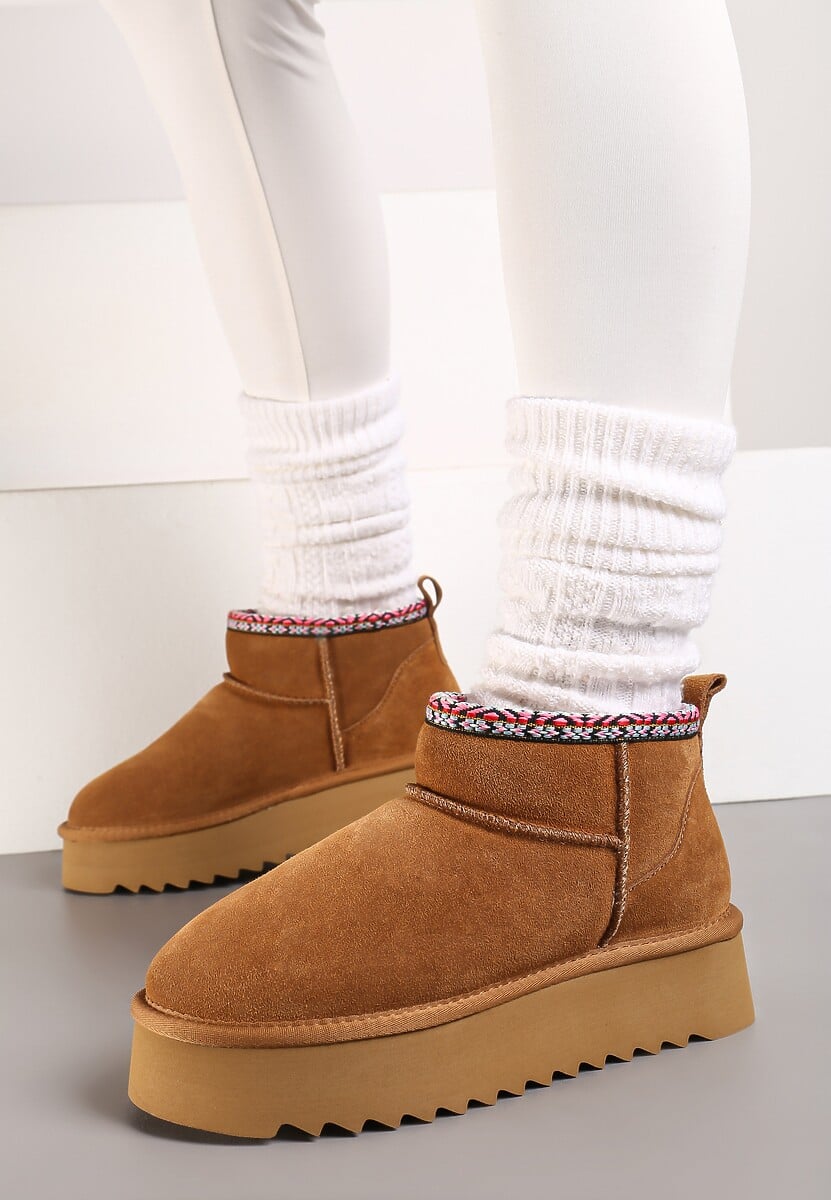 Brązowe Śniegowce na Platformie ze Skóry Naturalnej Ozdobione Haftem Narisha