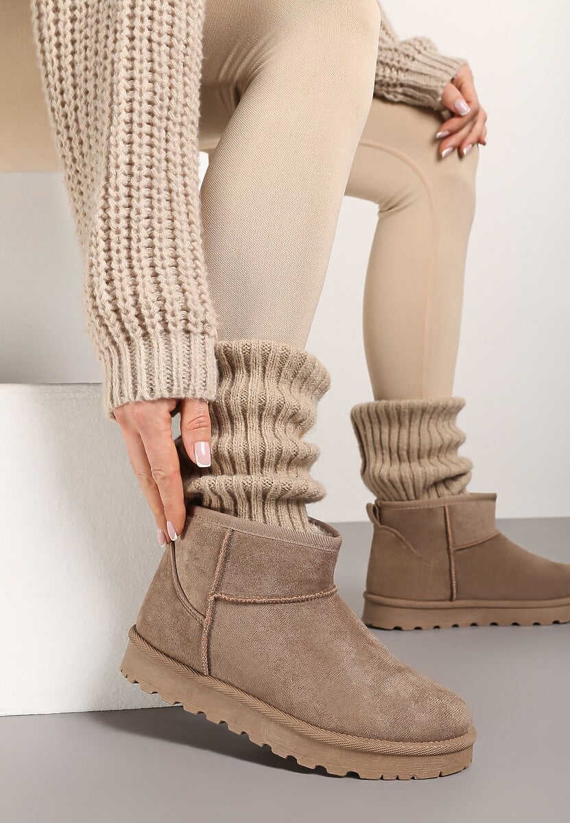 Ciemnobeżowe Casualowe Ocieplane Śniegowce na Płaskiej Podeszwie Emelunetta