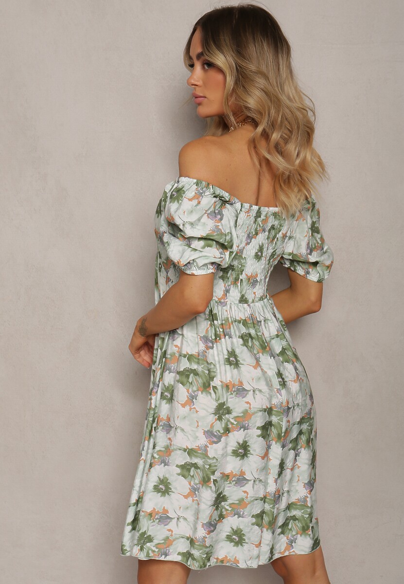 Zielono-Beżowa Sukienka z Wiązanym Dekoltem i Bufiastymi Rękawami z Gumką z Tyłu w Kwiatowy Wzór Vikolla