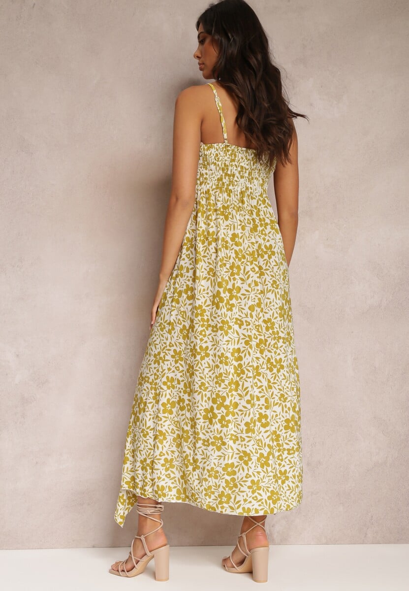 Jasnozielono-Biała Sukienka Maxi z Dłuższym Tyłem na Cienkich Ramiączkach Stanisa