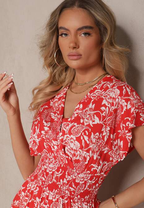 Czerwona Sukienka z Bawełną i Kopertowym Dekoltem w Kwiaty Ldivisa