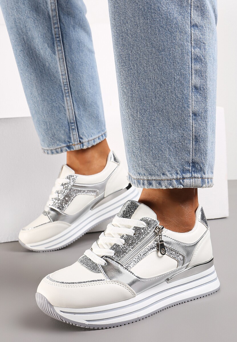 Srebrne Sneakersy z Metalicznymi Wstawkami i Brokatem na Grubej Podeszwie Anova