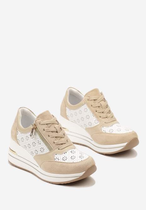 Beżowe Sneakersy z Ażurową Perforacją Suwakiem i Ukrytym Koturnem Pelaria