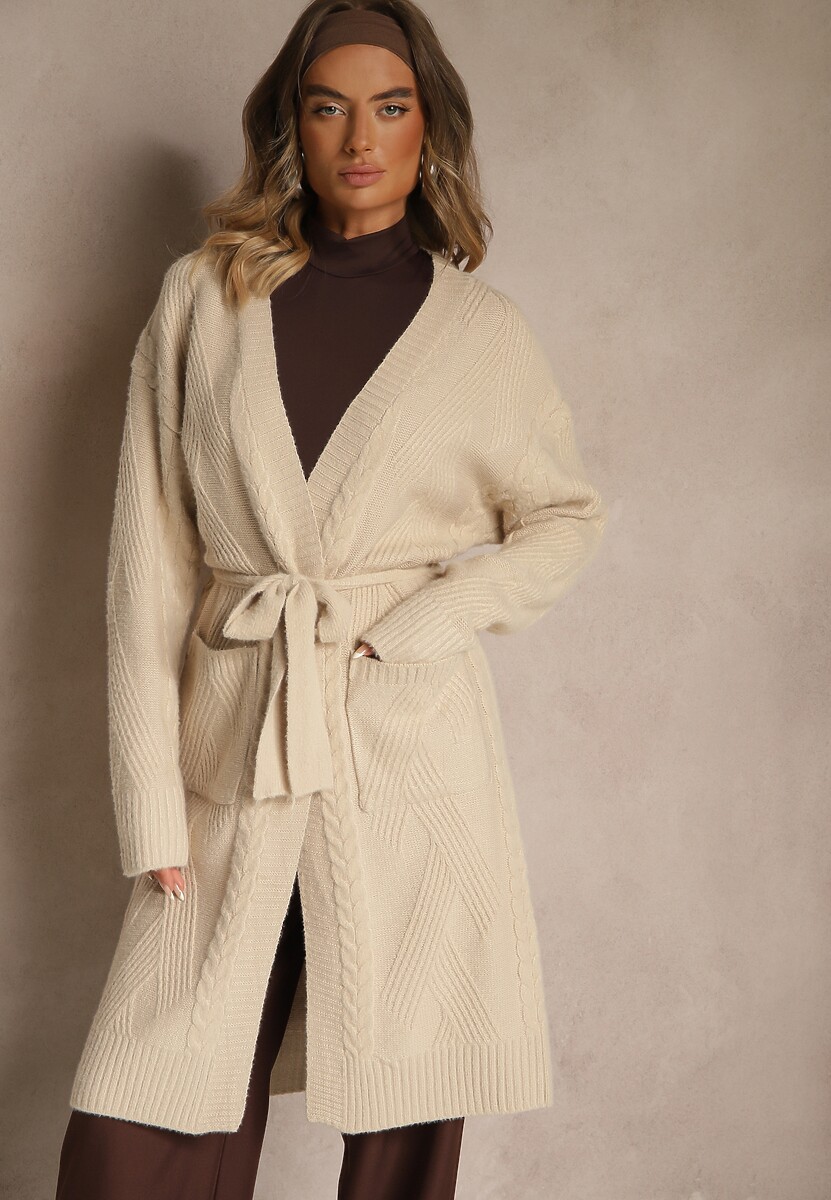 Beżowy Tłoczony Kardigan z Wełną o Kroju Bez Zapięć z Paskiem Dorrive