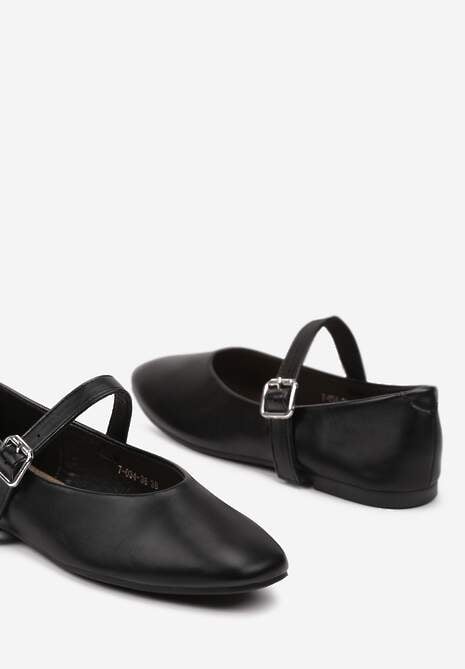Czarne Balerinki na Płaskiej Podeszwie w Stylu Mary Jane Ozdobione Kwadratowym Noskiem Treloma
