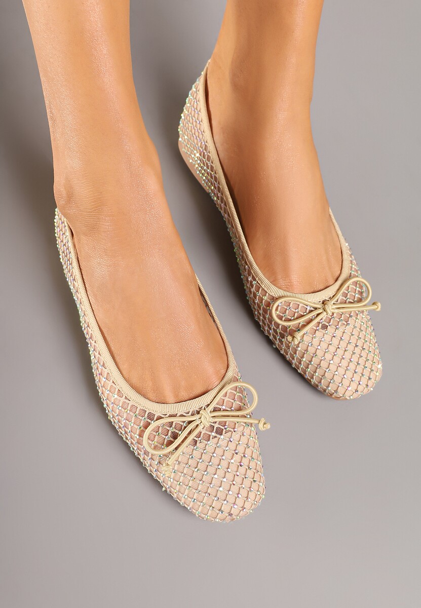 Ciemnobeżowe Siateczkowe Balerinki z Delikatnymi Cyrkoniami i Kokardką Senirithra