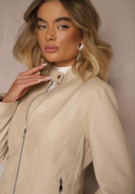 Beżowa Kurtka Ramoneska z Ozdobnymi Przeszyciami Idivona
