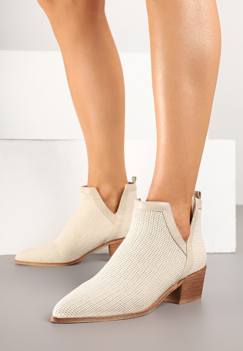 Beżowe Botki na Słupku Ozdobione Plecionką Farenia